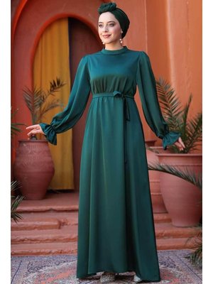 Neva Style Saten Zümrüt Yeşili Elbise 62132zy