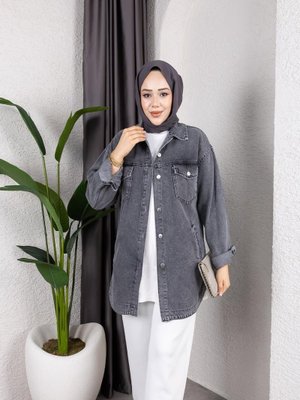 Harmatime butik Yıkamalı Cepli Denim Koyu Gri Ceket