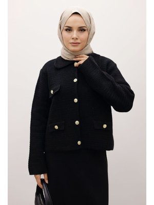 Tesettür Dünyası Siyah Süs Cepli Triko Hırka