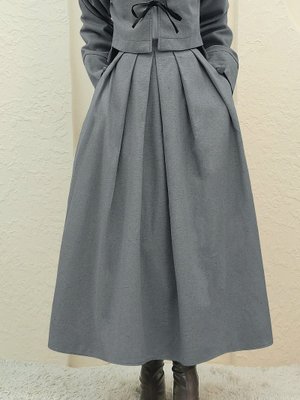 Podyumplus Gri Pileli Fermuarlı Kaşe Etek