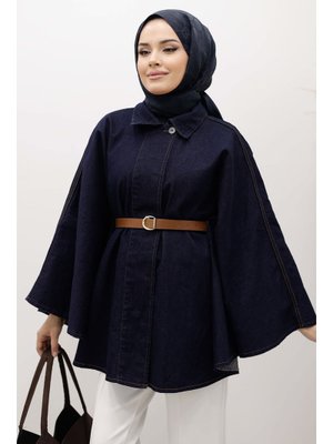 Tesettür Dünyası Koyu Mavi Kemerli Kot Panço