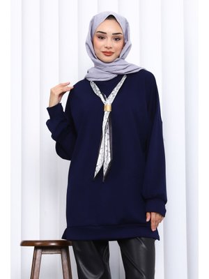 İmaj Butik Lacivert Fular Aksesuarlı Modal Tunik