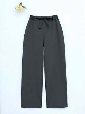 Podyumplus Füme Duble Kumaş Beli Kuşaklı Bol Paça Pantolon