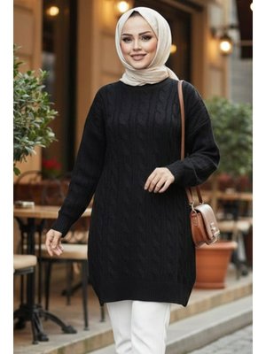 Neva Style Örgü Detaylı Siyah Triko Kazak Tunik 8263s
