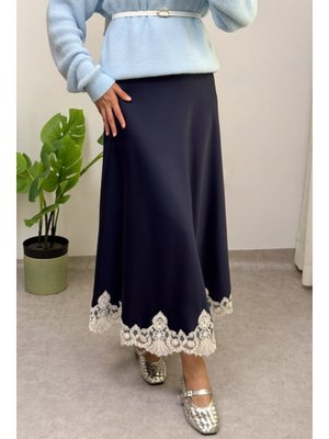 Salih Çelebi Lacivert Dantel Detaylı Saten Etek