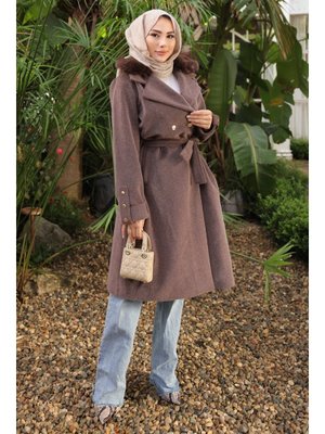 İmaj Butik Kahverengi Yaka Kürklü Angora Kaban