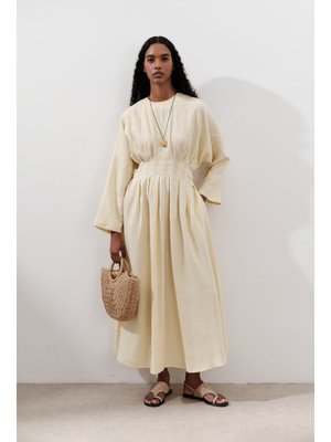 MANUKA Sarı Keten Pile Detaylı Elbise