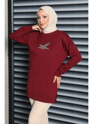 Tofisa Bordo Kuş Taşlı İşlemeli Modal Tunik