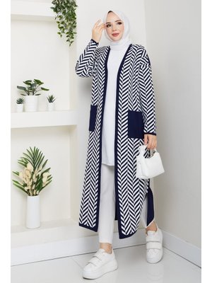 Pamuk Butik Zebra Desenli Çelik Örgü Cepli Triko Hırka