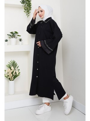 Pamuk Butik Şerit Detaylı Salaş Merserize Triko Ferace Hırka