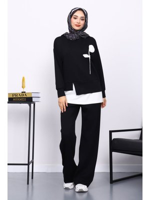İmaj Butik Siyah Bisiklet Yaka Gül Detaylı Tunik Pantolonlu Modal Takım