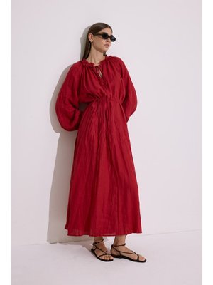 MANUKA Kırmızı Yakası Büzgülü Keten Geniş Elbise