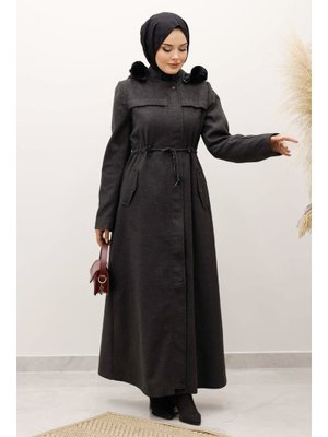 Tesettür Dünyası Antrasit Beli Büzgülü Kaşe Kaban