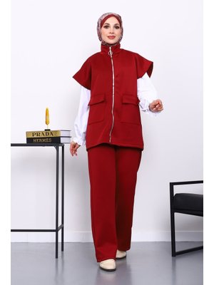 İmaj Butik Bordo Fermuarlı Cepli Yelek Pantolonlu Scuba Takım