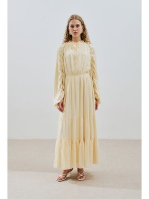 MANUKA Sarı Uzun Büzgülü Şifon Elbise Soft