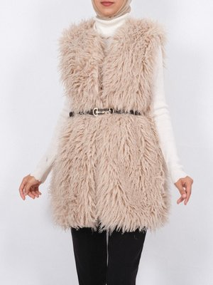 Podyumplus Açık Vizon Kemerli Yan Cepli Kürklü Astarlı Yelek