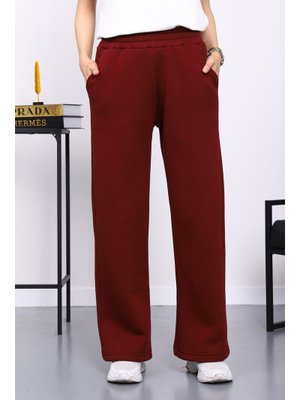 İmaj Butik Bordo Bel Lastikli Şardonlu Üç İplik Pantolon