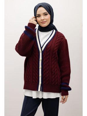 Tesettür Dünyası Bordo Saç Örgü Desenli Triko Hırka