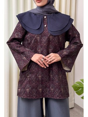 Salih Çelebi Mürdüm Retro Desenli Oversize Tunik