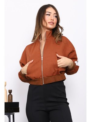 İmaj Butik Taba Fermuarlı Üç İplik Sweat Hırka