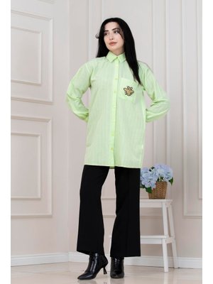 Sevitli Fıstık Yeşili Cebi Arı Detaylı Keten Tunik