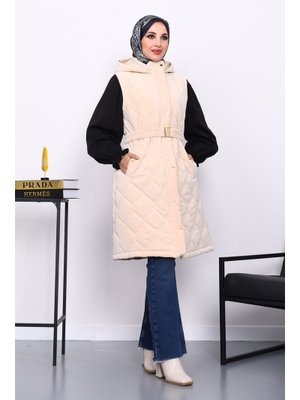 İmaj Butik Krem Kapüşonlu Kemerli Şişme Yelek