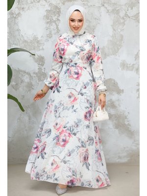 Neva Style Çiçek Desenli Bej Elbise 27986bgr