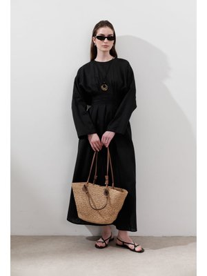 MANUKA Siyah Keten Pile Detaylı Elbise