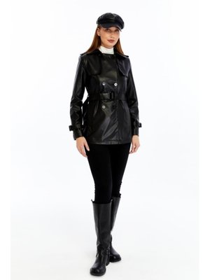 Jamila Siyah Deri Trençkot/ceket