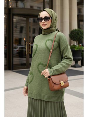 Neva Style Kalp Desenli Yağ Yeşili Triko Kazak Tunik 8802yy