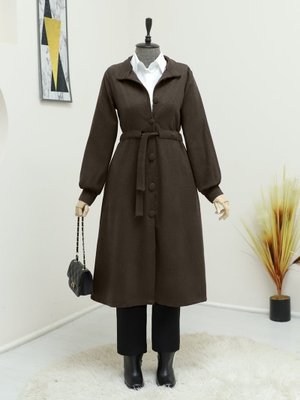 Podyumplus K. Kahve Belden Bağlamalı Top Düğmeli Kaşe Kaban