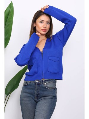 İmaj Butik Saks Mavi Çift Cepli Fermuarlı Triko Hırka
