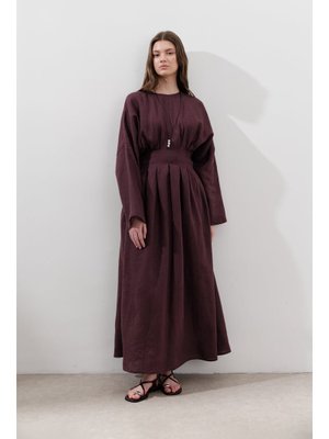 MANUKA Mürdüm Keten Pile Detaylı Elbise