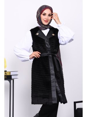 İmaj Butik Siyah Deri Detaylı Kemerli Yelek