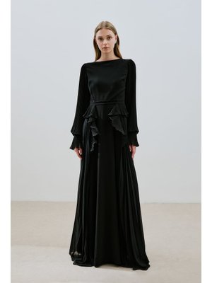 MANUKA Siyah Katlı Piliseli Elbise