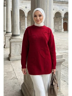 Neva Style Kalp Desenli Kırmızı Triko Kazak Tunik 8802k