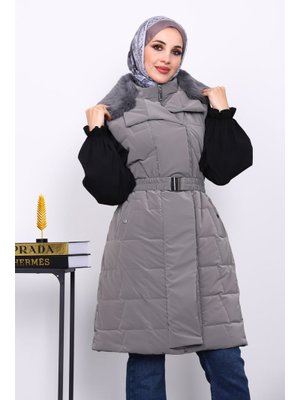 İmaj Butik Gri Yaka Kürklü Lastik Kemerli Uzun Şişme Yelek