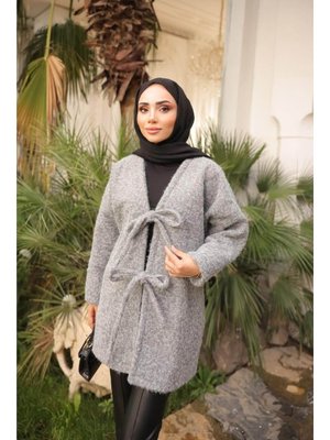 Bwest Gri İki Bağcık Detaylı V Yaka Kısa Yün Ceket