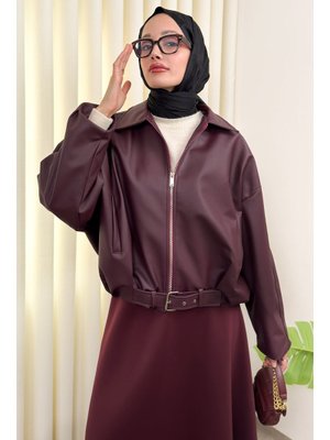 Salih Çelebi Bordo Kemer Detaylı Bomber Suni Deri Ceket