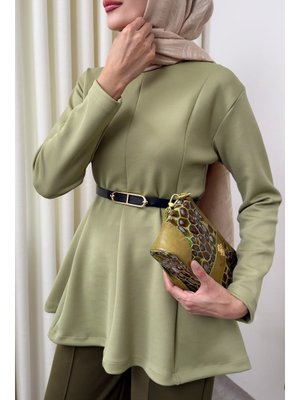 Salih Çelebi Açık Haki Kemerli Peplum Bluz