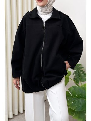 Salih Çelebi Siyah Fermuarlı Oversize Kaşe Kaban