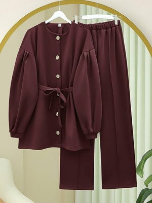 Podyumplus Bordo Balon Kol Beli Kuşaklı Önü Düğmeli Scuba Takım