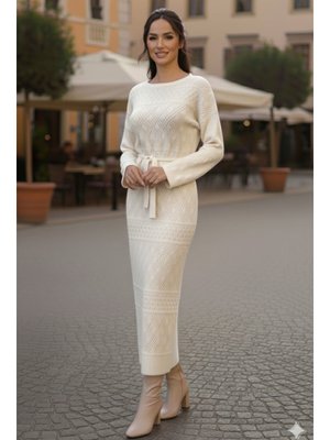 Benguen Taş Rengi Baklava Desenli Fileli Triko Elbise