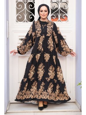 Neva Style Desenli Siyah Elbise 3035s