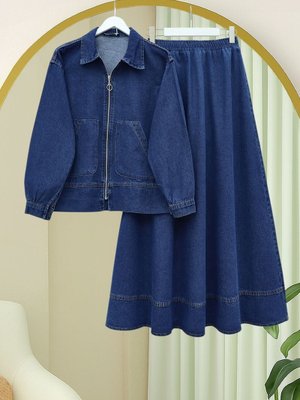 Podyumplus İndigo Önü Fermuarlı Çift Cepli Etekli Kot Takım