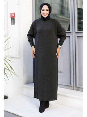 Tesettür Dünyası Antrasit Reglan Kol Triko Elbise