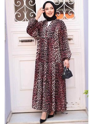 Neva Style Leopar Desenli Bordo Elbise 52942br