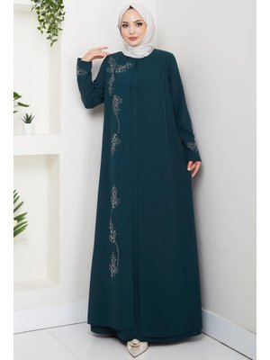 Hafsa Mina Büyük Beden Yaprak Taşlı Anne Elbisesi Zümrüt
