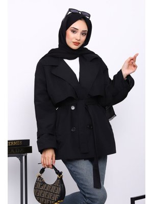 İmaj Butik Siyah Kravuze Yaka Düğmeli Kısa Trençkot