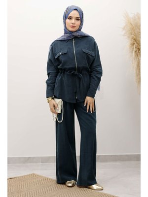 Tesettür Dünyası İndigo Beli Büzgülü Fermuarlı İkili Takım